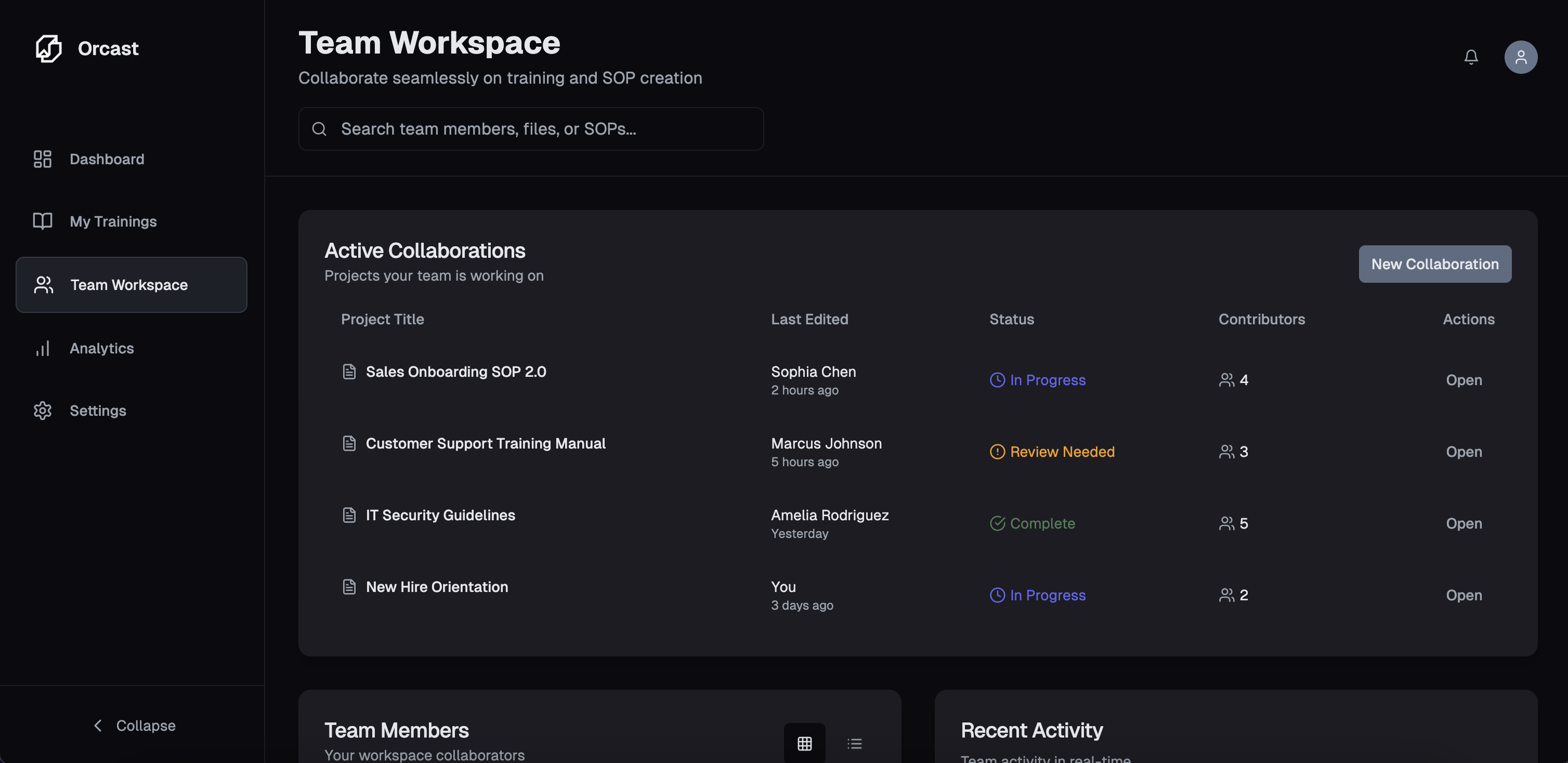 Orcast team workspace interface